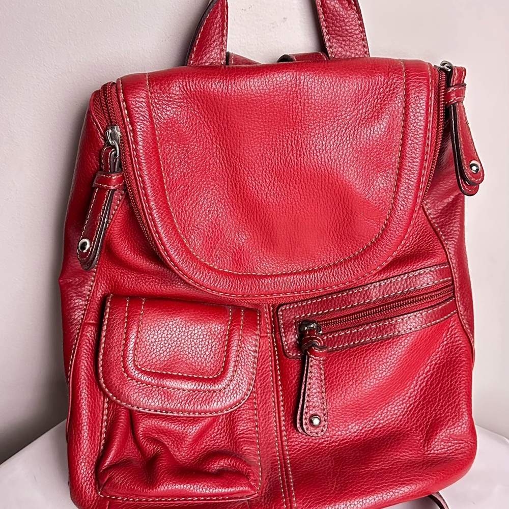 Tignanello Red Leather Backpack with Soft Texture and Functional Design